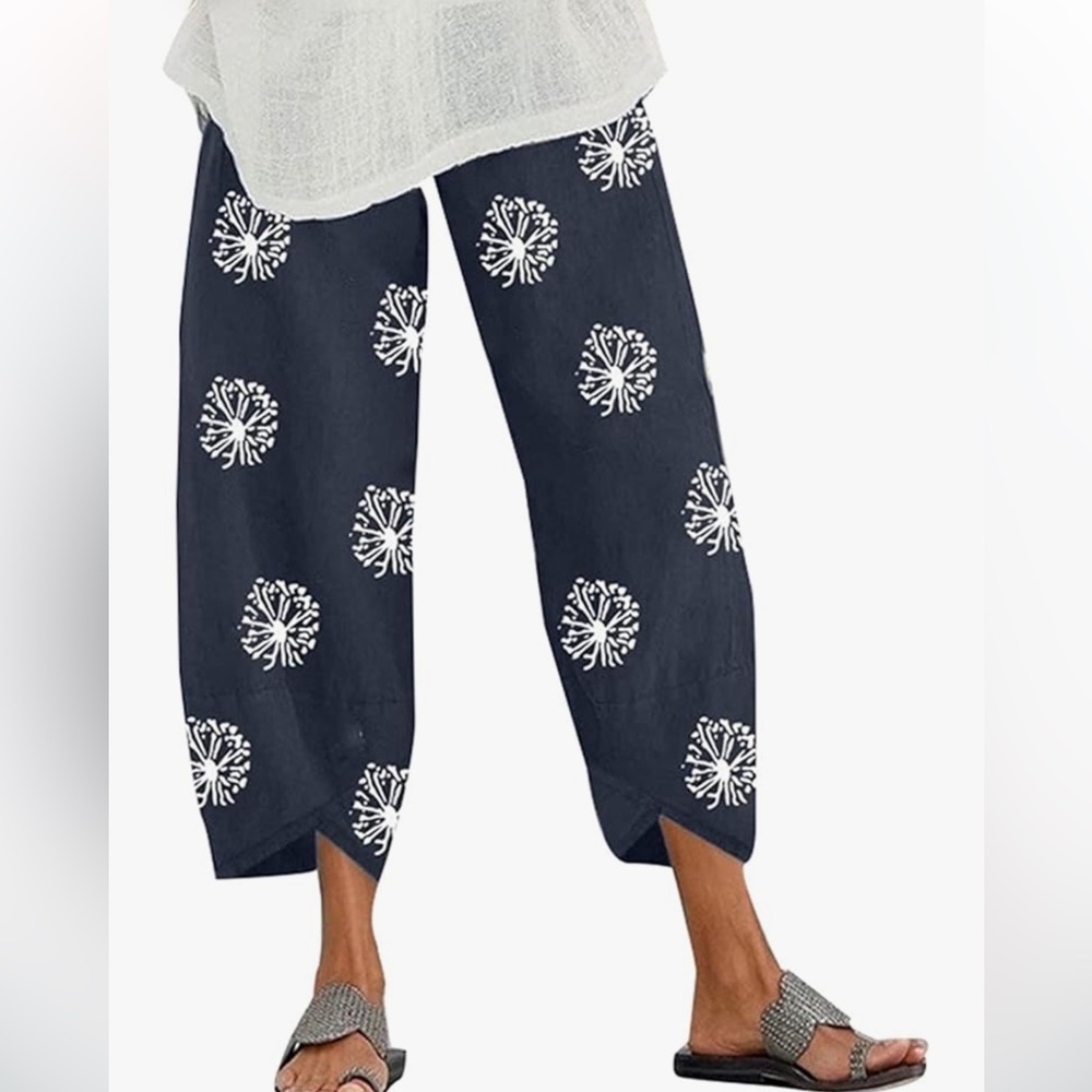 Cotton Casual Capri Pants Printed Cropped Comfy Baggy with Pockets Lounge Pants